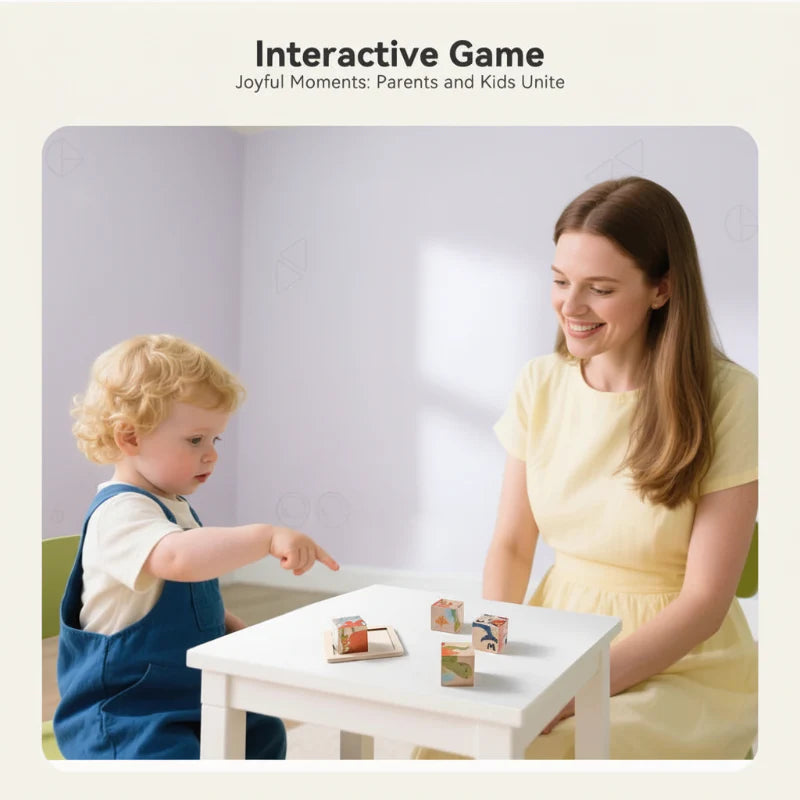 Adult and toddler playing together with wooden animal puzzle blocks