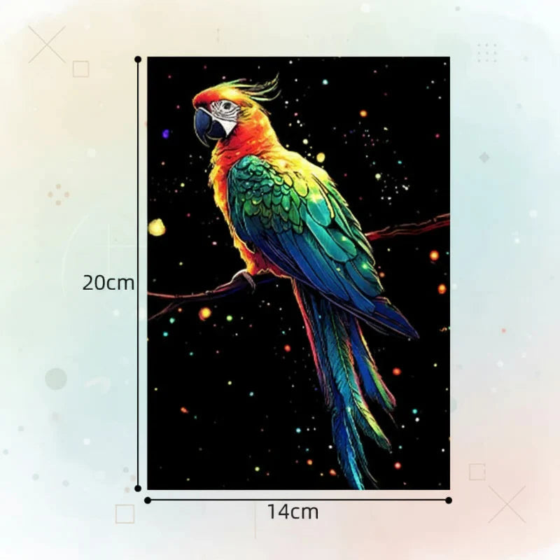 Parrot scratch-art card with a size guide showing 14 cm wide by 20 cm tall