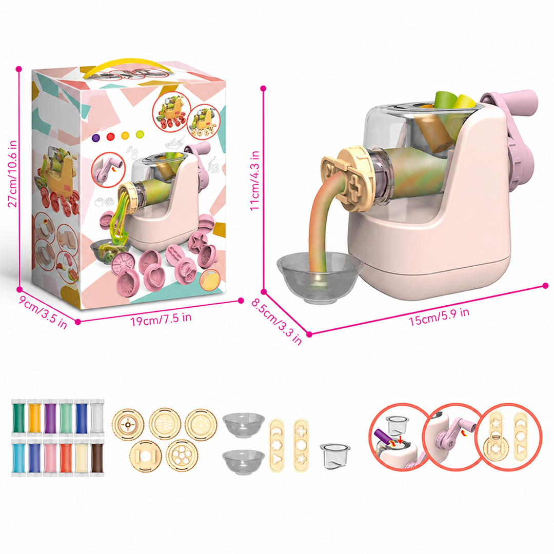 Box and pasta maker dimensions shown with clay colors, bowls, and shaping tools