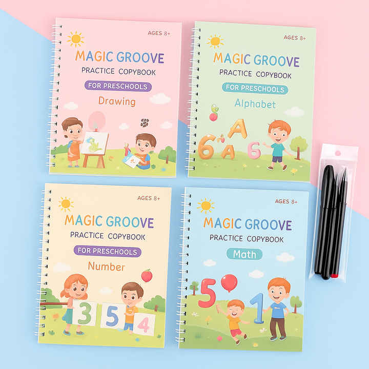 Four pastel-covered practice workbooks with drawing, alphabet, number, and math activities