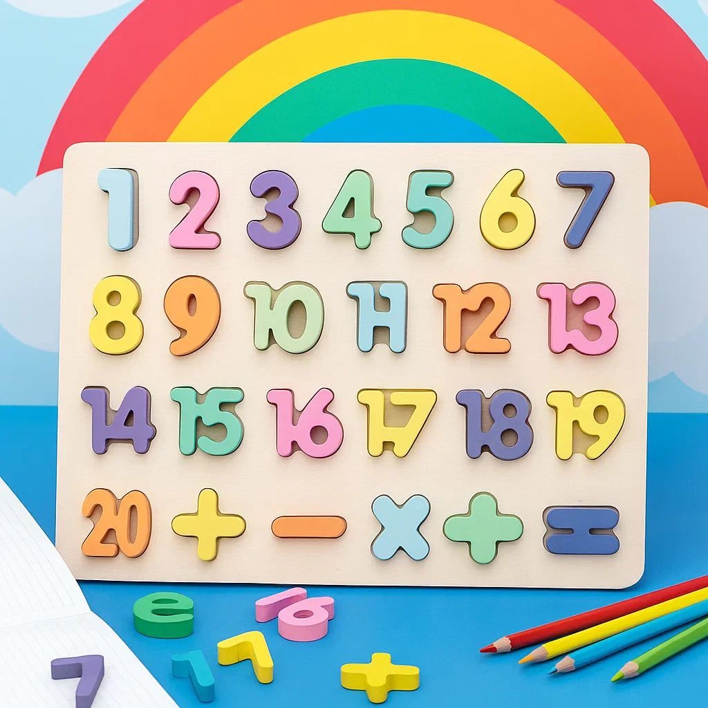 Pastel wooden arithmetic puzzle with numbers from 1 to 20 and math symbols