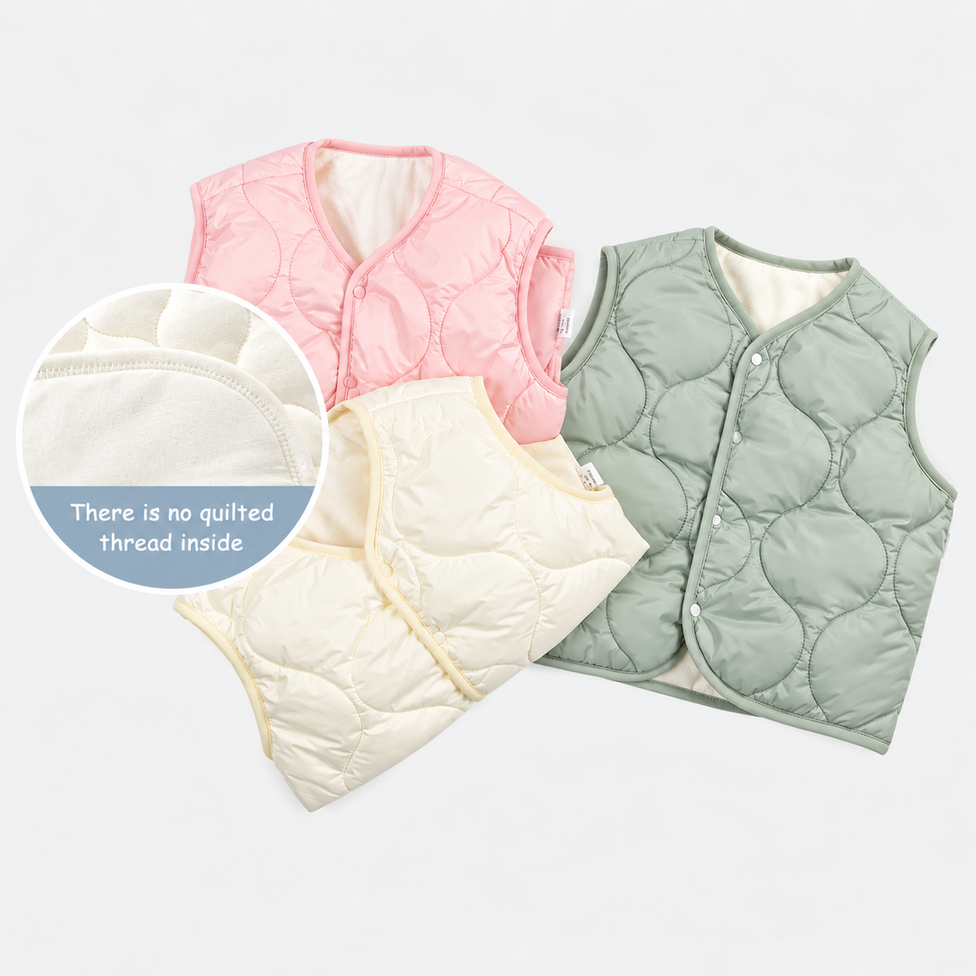 Pink, cream, and sage green quilted baby vests with an inset showing the inner lining.