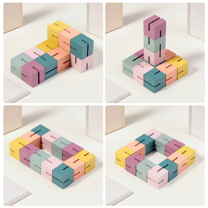 Four configurations of the pastel wooden block puzzle, including raised shapes and open rectangles