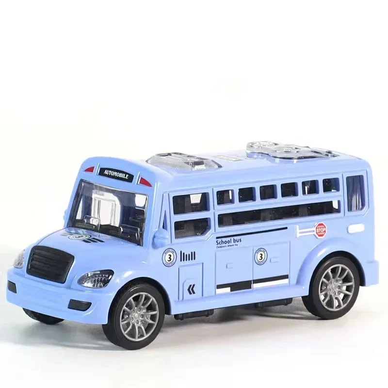 Pastel blue toy bus with black window trim and silver-colored wheels