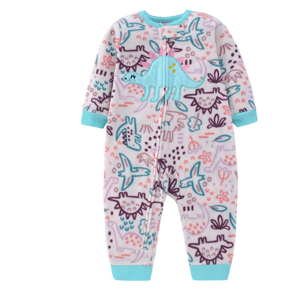 Pastel dinosaur-print fleece baby jumpsuit with turquoise neckline and cuffs