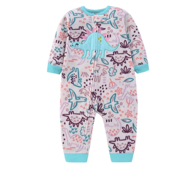Pastel dinosaur-print fleece baby jumpsuit with turquoise neckline and cuffs