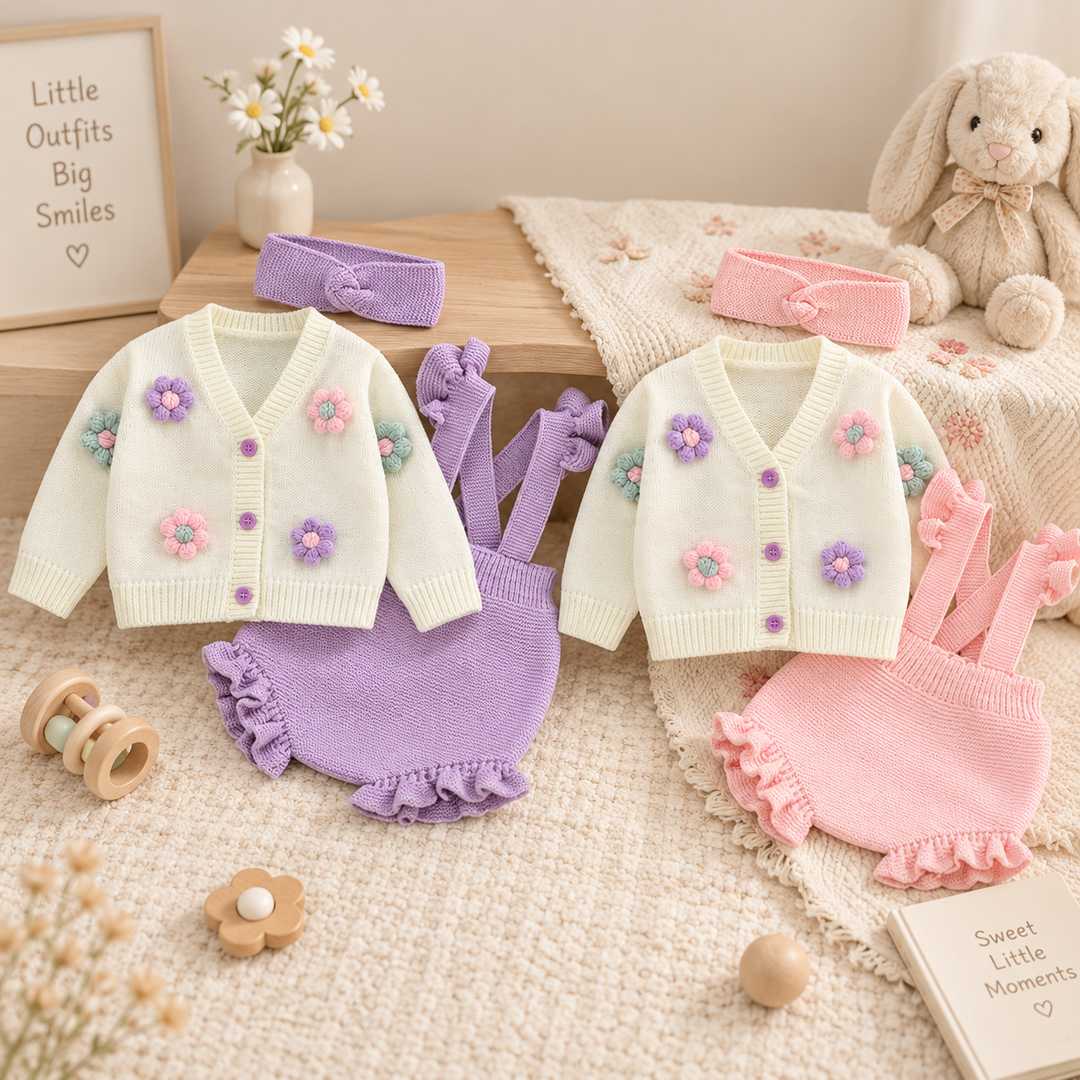 Pink and purple three-piece baby outfits with white floral cardigans, ruffled overalls and matching headbands