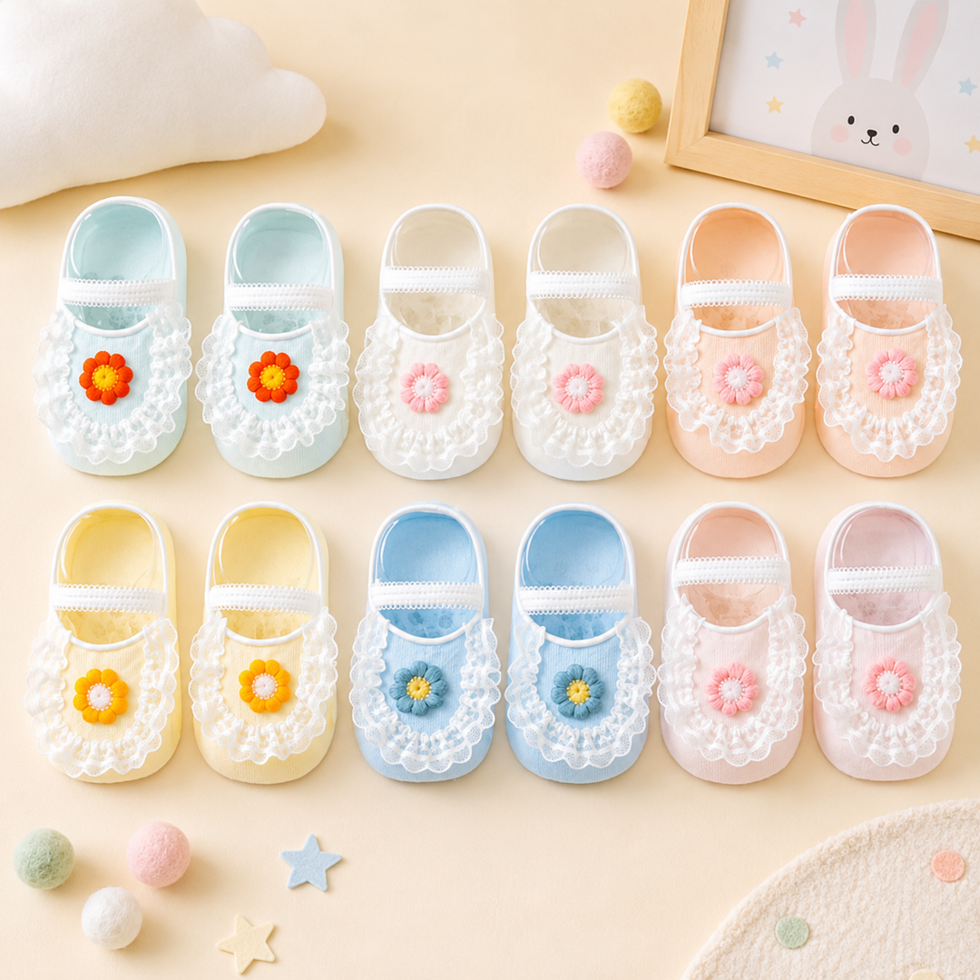 Pastel baby socks with flower accents, white lace trim and ballet-style bands