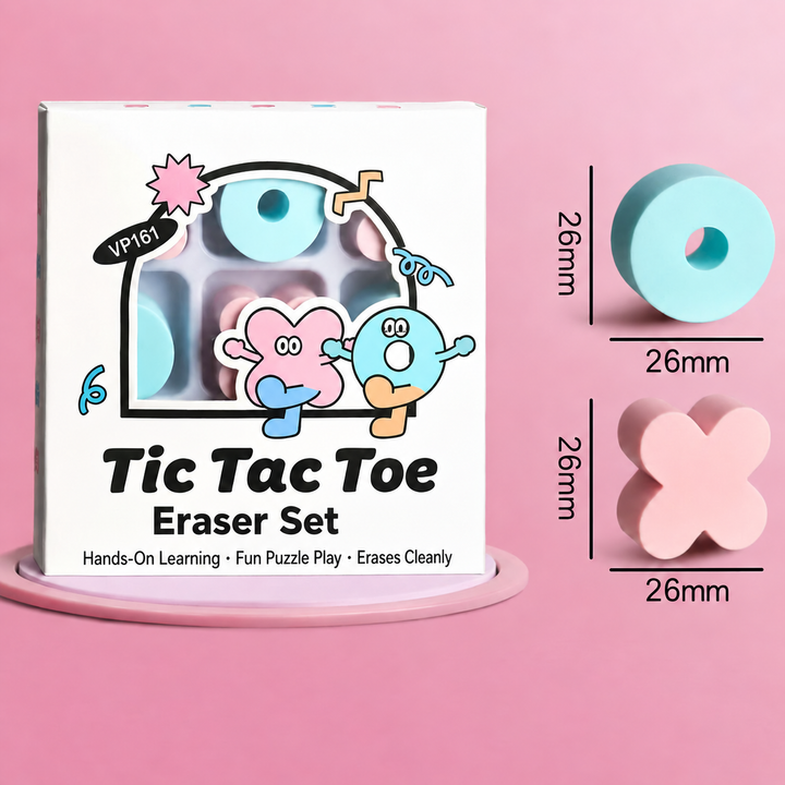 Pink X and mint O erasers shown with 26 mm width and height measurements.