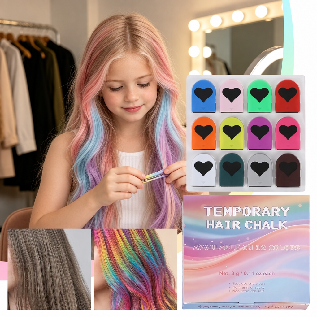 Child with pastel pink, blue, and purple hair beside a 12-color hair chalk set