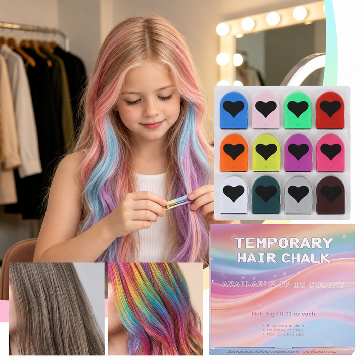 Child with pastel pink, blue, and purple hair beside a 12-color hair chalk set