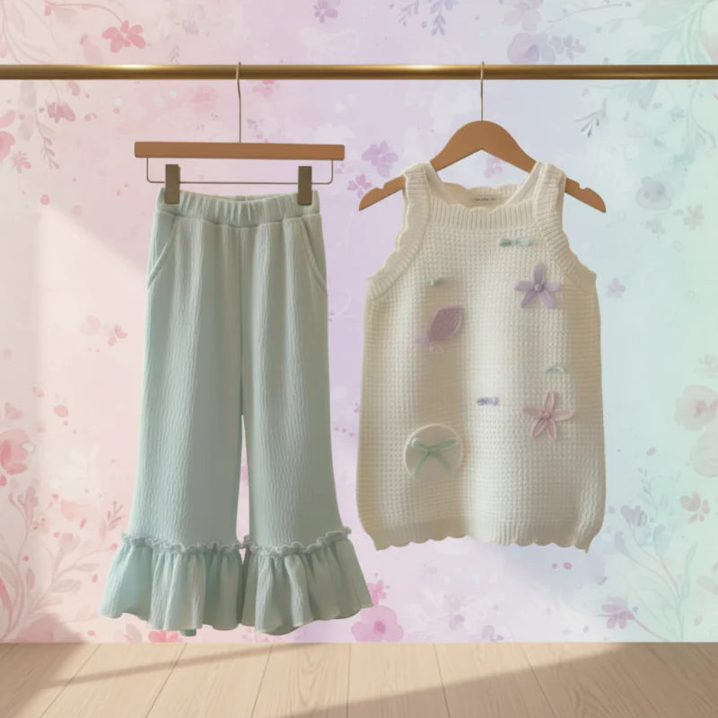 Cream sleeveless knit top and pale green ruffle-hem pants hanging side by side