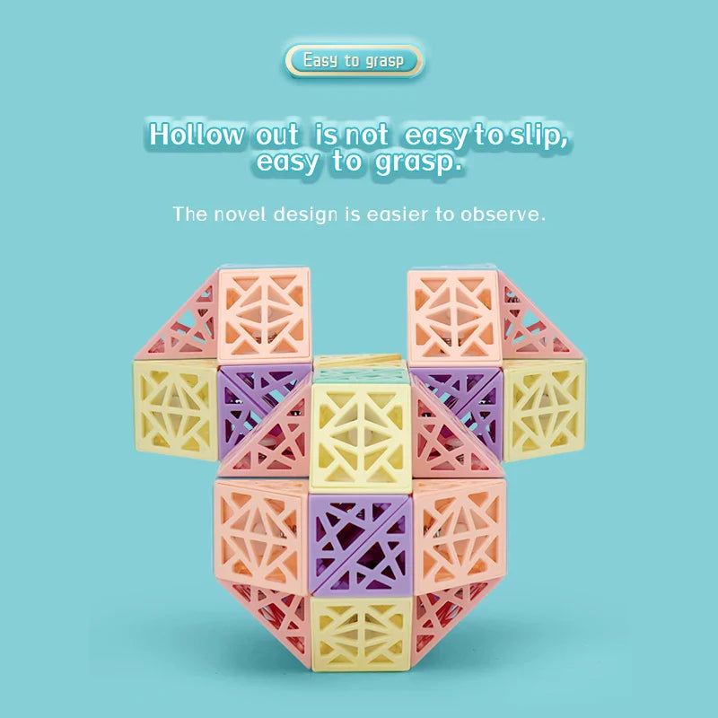 Multicolored hollow building segments twisted into a symmetrical shape