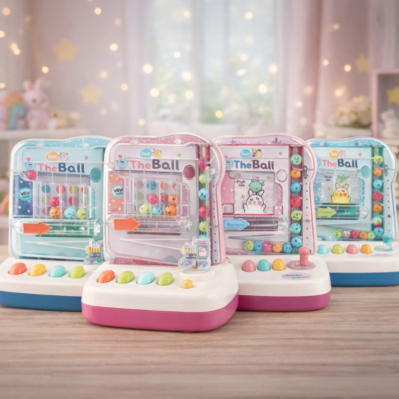 Pink and blue ball-track math games arranged together on a wooden table