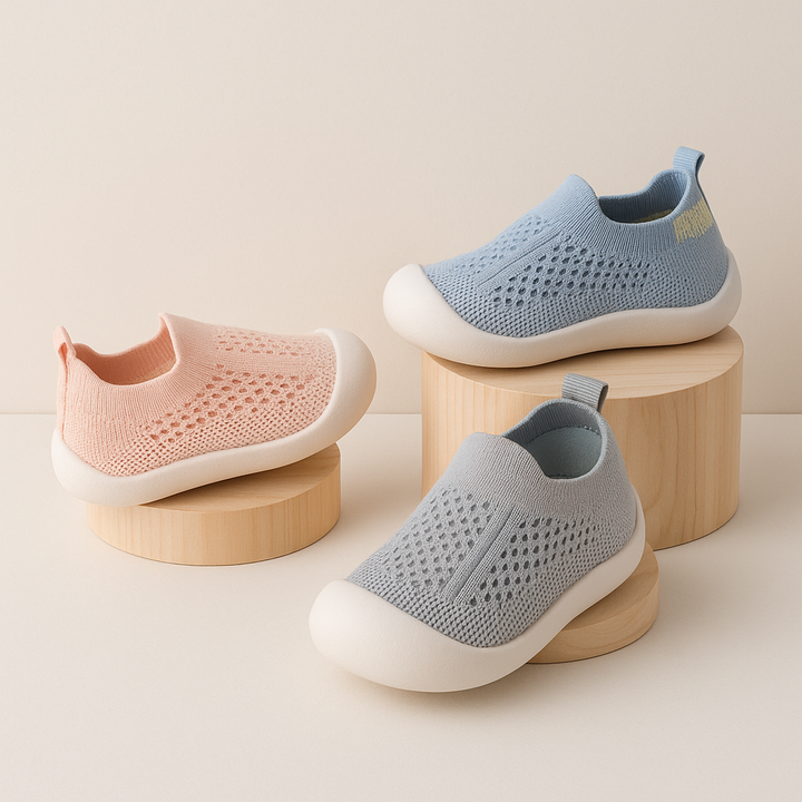 Pink, blue and gray slip-on mesh sneakers displayed on round wooden stands.