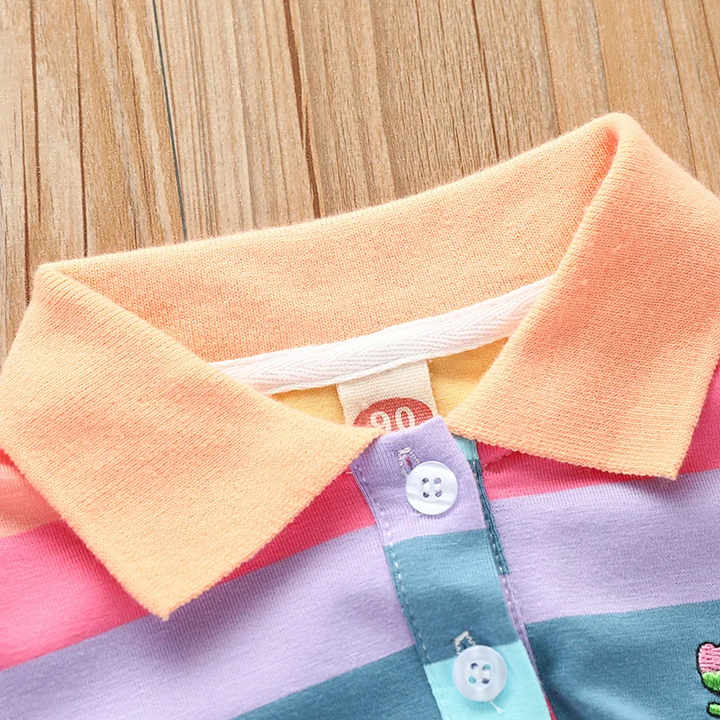 Peach polo collar and button placket on the pastel rainbow dress