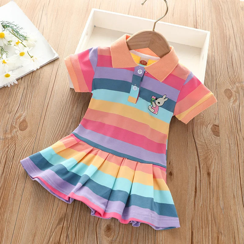 Pastel Rainbow polo dress with a peach collar, bunny embroidery and pleated skirt