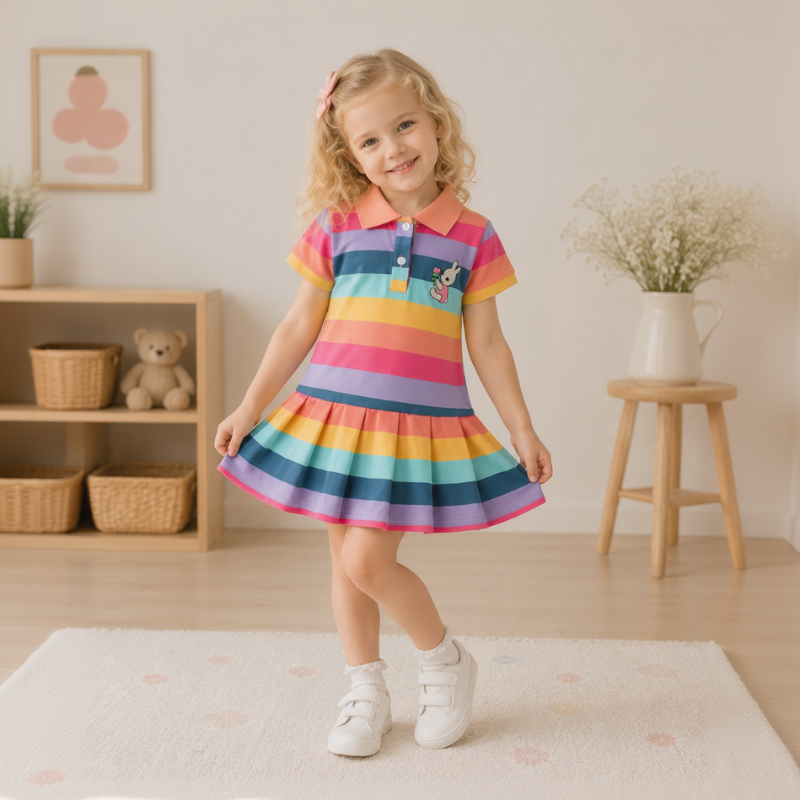 Child wearing a pastel rainbow polo dress with short sleeves and a pleated skirt