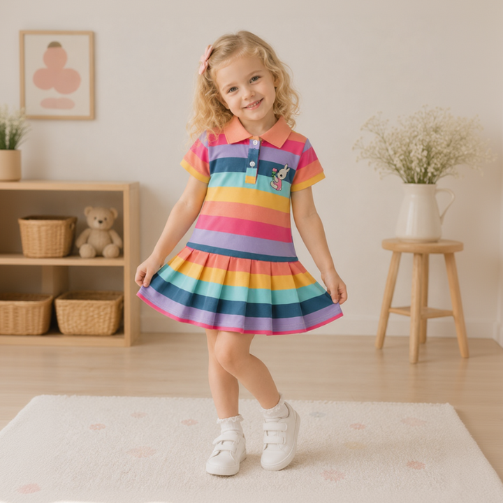 Child wearing a pastel rainbow polo dress with short sleeves and a pleated skirt