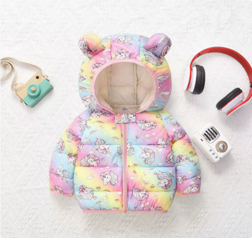 Pastel rainbow unicorn-print puffer jacket with a front zipper and rounded hood ears