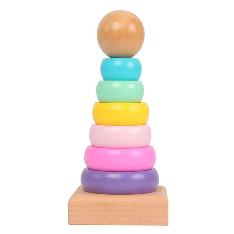 Pastel wooden stacking tower with colorful rings, a natural wood ball topper, and a square base