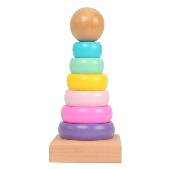 Pastel wooden stacking tower with colorful rings, a natural wood ball topper, and a square base