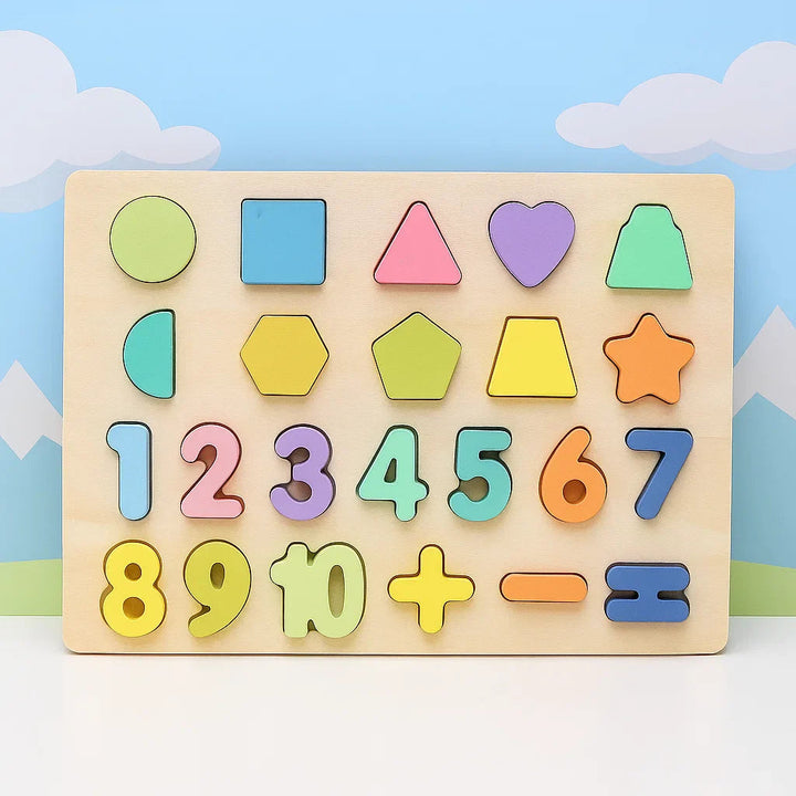 Pastel wooden puzzle with geometric shapes, numbers, and math symbols