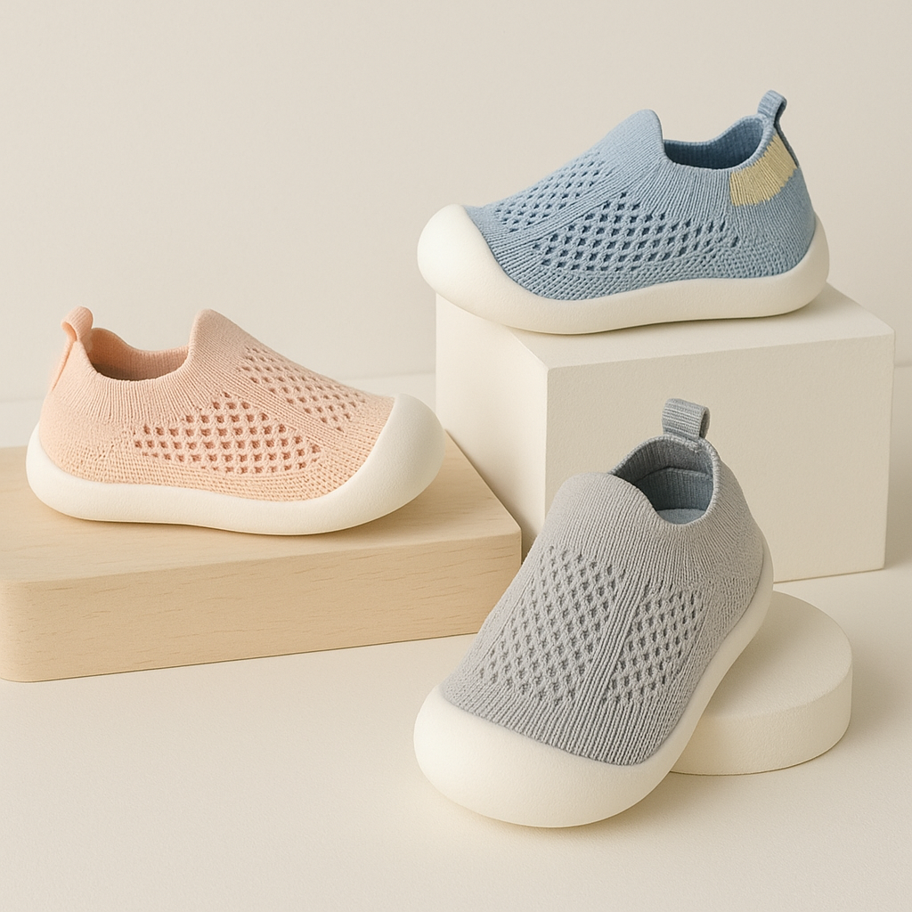 Blue, pink and gray mesh sneakers arranged on geometric display blocks.