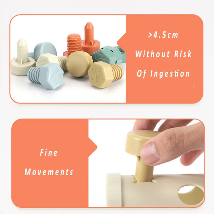Pastel screw pieces above a close-up of a hand turning a cream piece in the activity toy.