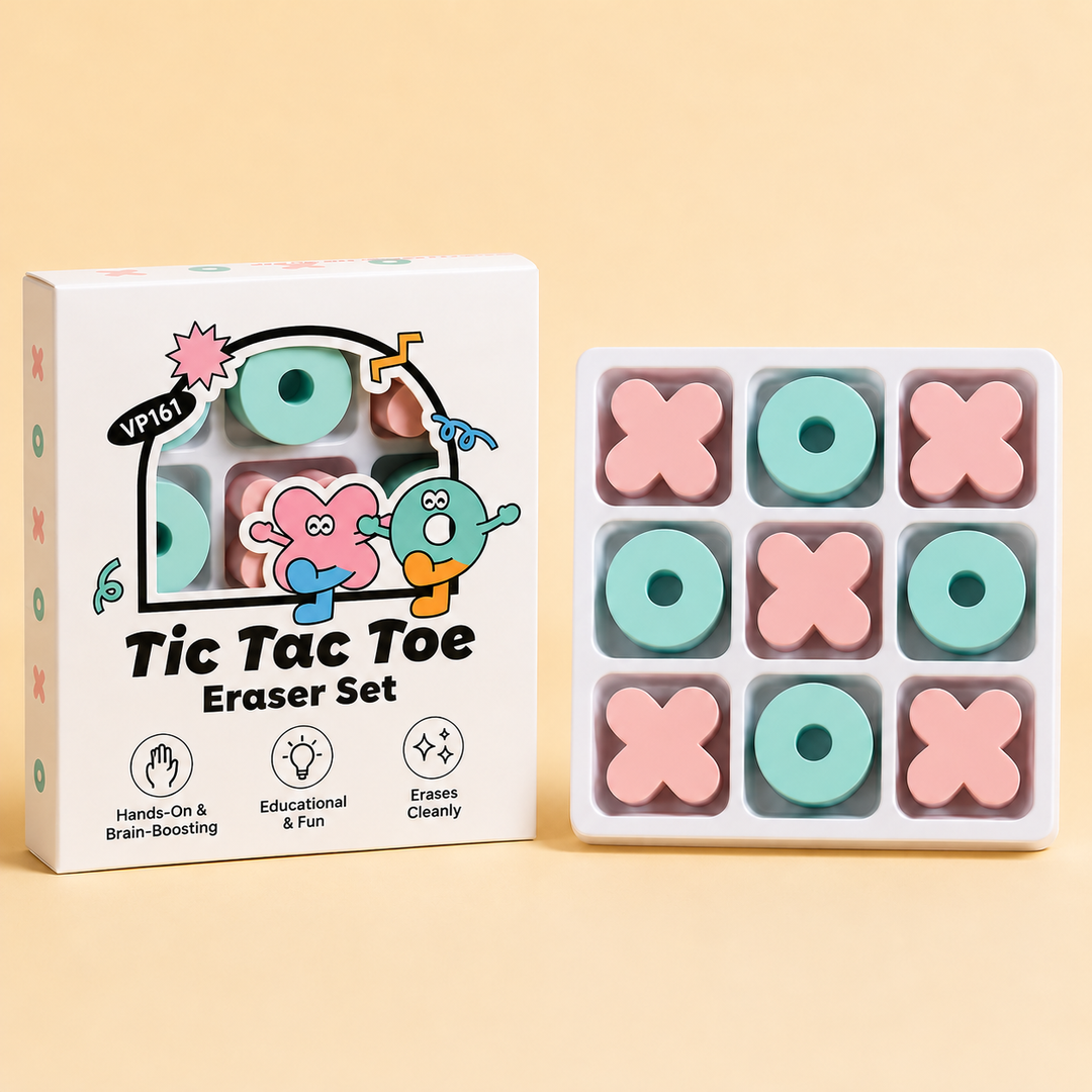 Nine pink X and mint O erasers arranged in a white tic-tac-toe board beside the box.