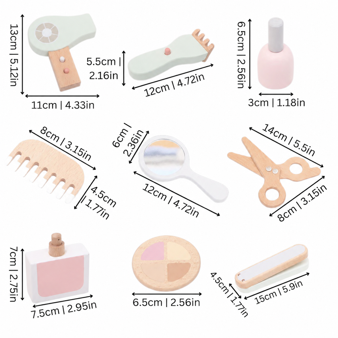Dimensions of pastel wooden styling and makeup accessories, including scissors and a hair dryer