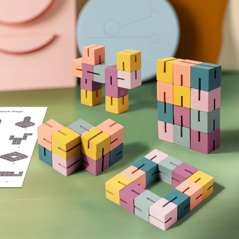 Pastel wooden block puzzle shown in figure, tower, folded, and square arrangements
