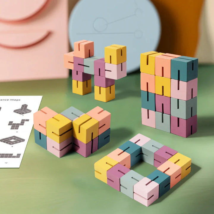 Pastel wooden block puzzle shown in figure, tower, folded, and square arrangements