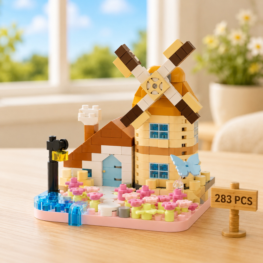 Pastel yellow windmill building-block model with flowers, a blue stream and a 283-piece sign.