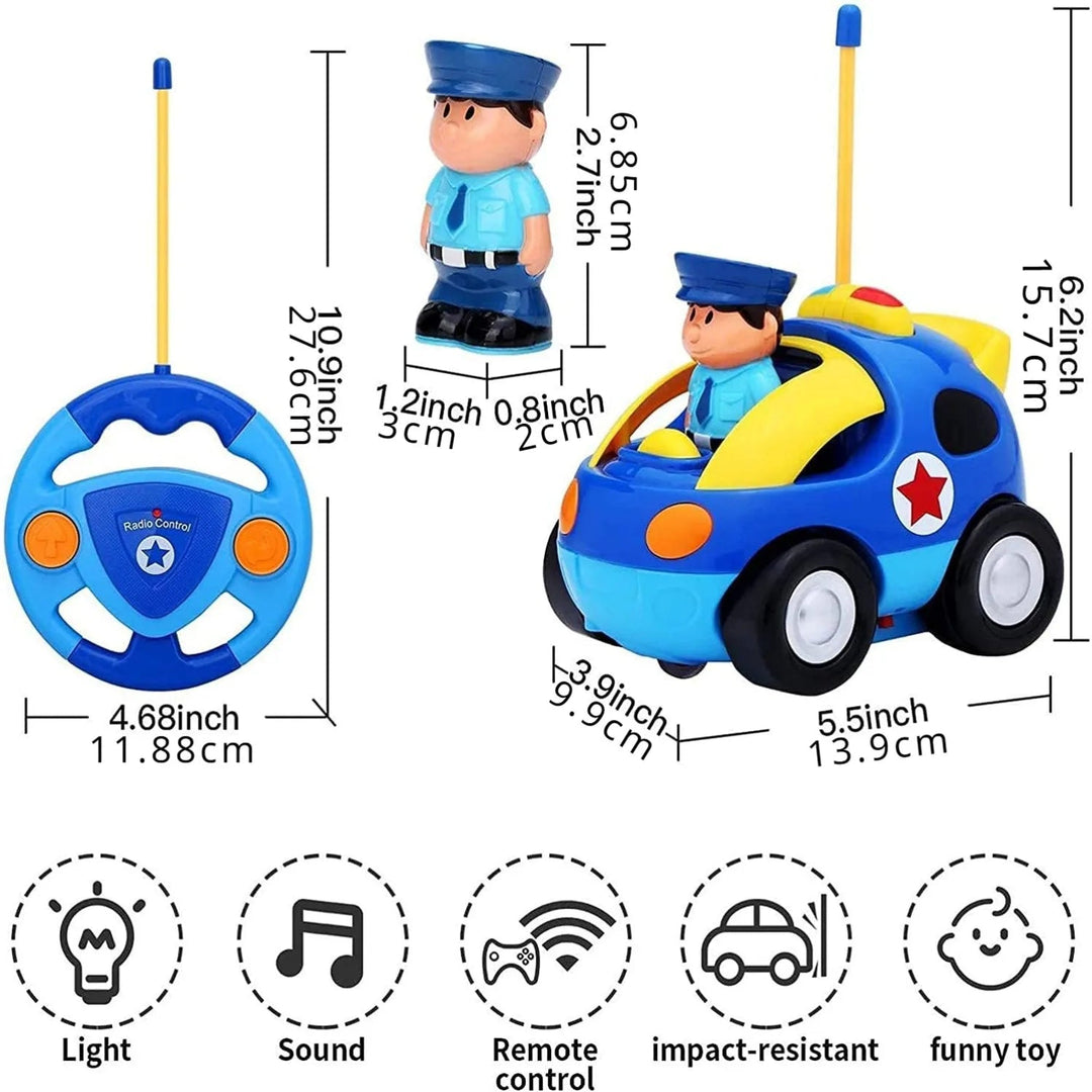 Police car, officer figure, and remote shown with measurements and feature icons