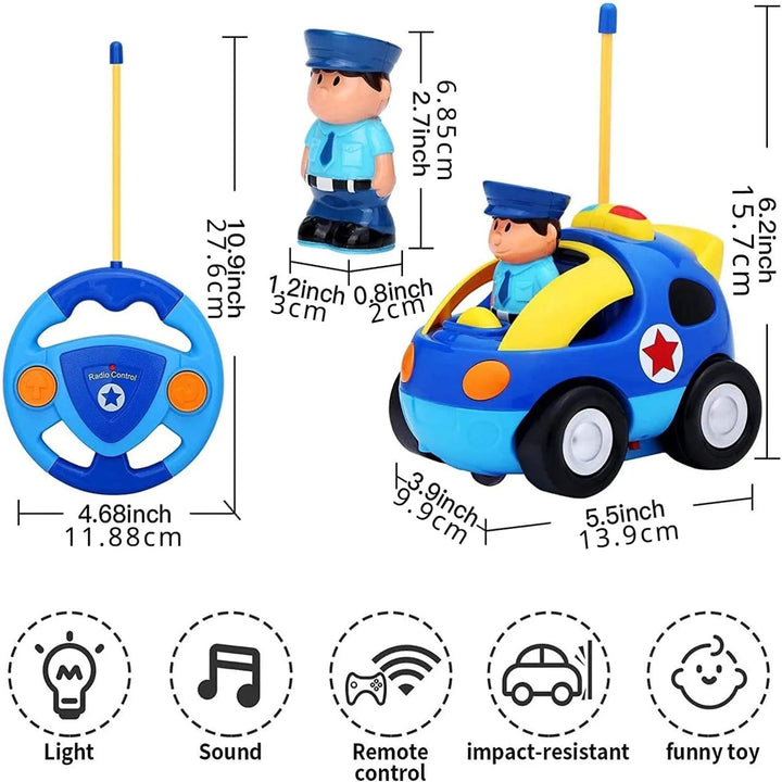 Police car, officer figure, and remote shown with measurements and feature icons