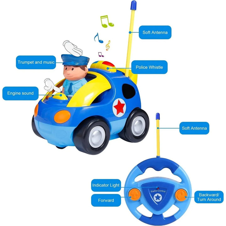 Police toy car diagram highlighting sound features and the two-button remote