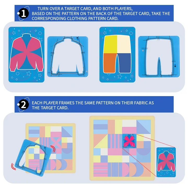 Instructions showing how to choose a clothing-shaped frame and find a matching pattern on the mat