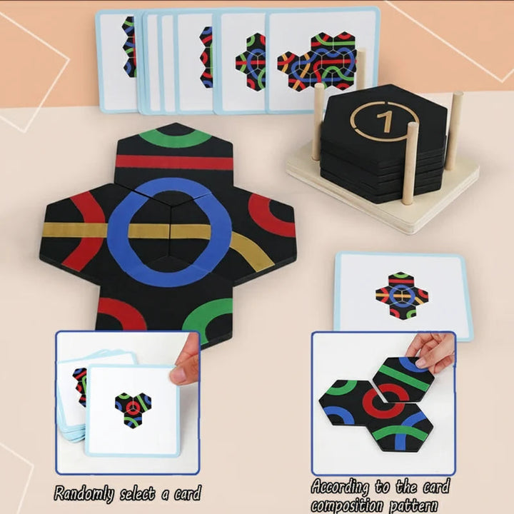 Colorful tile pattern with challenge cards and examples of selecting and matching a design