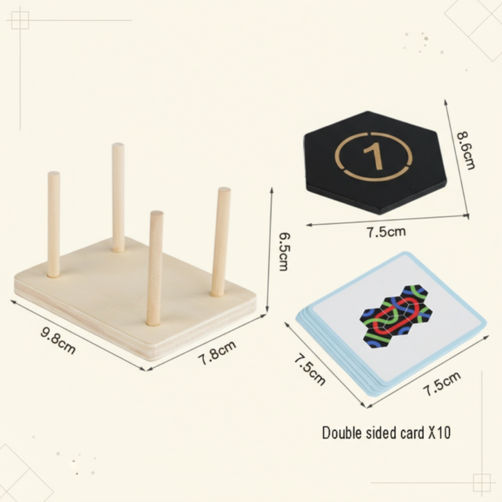 Measurements of the stacking base, hexagonal tile and double-sided challenge cards