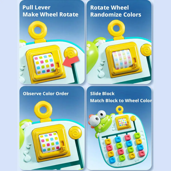 Four-panel guide showing the pattern-wheel control and sliding tiles to match colors