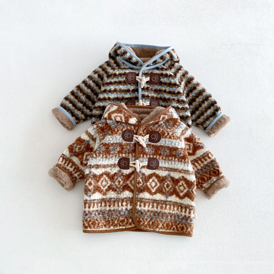 Front views of brown geometric and blue striped cotton flannel jackets