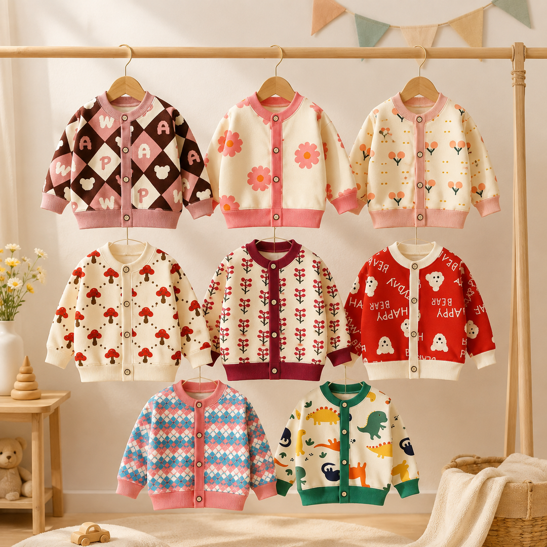 Eight patterned kids' knit cardigans hanging on a wooden clothing rack