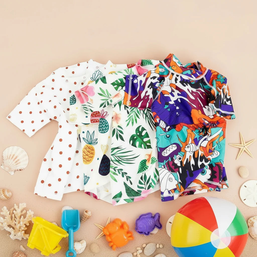Patterned kids' swim shirts arranged with beach toys, shells, and a colorful beach ball