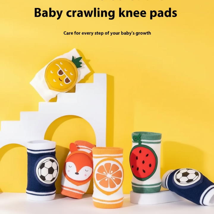 Fruit, fox, and soccer knee pads displayed against a yellow background.