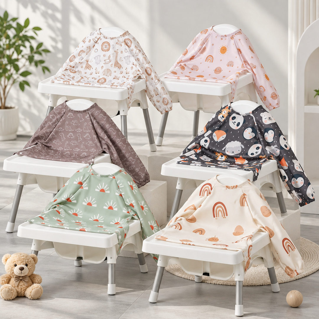 Six patterned long-sleeve baby bibs displayed over high-chair trays