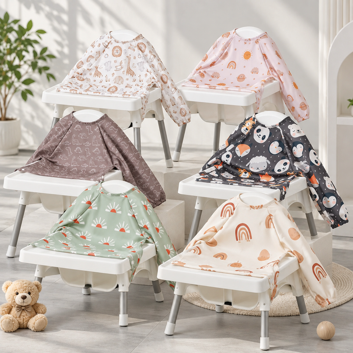 Six patterned long-sleeve baby bibs displayed over high-chair trays