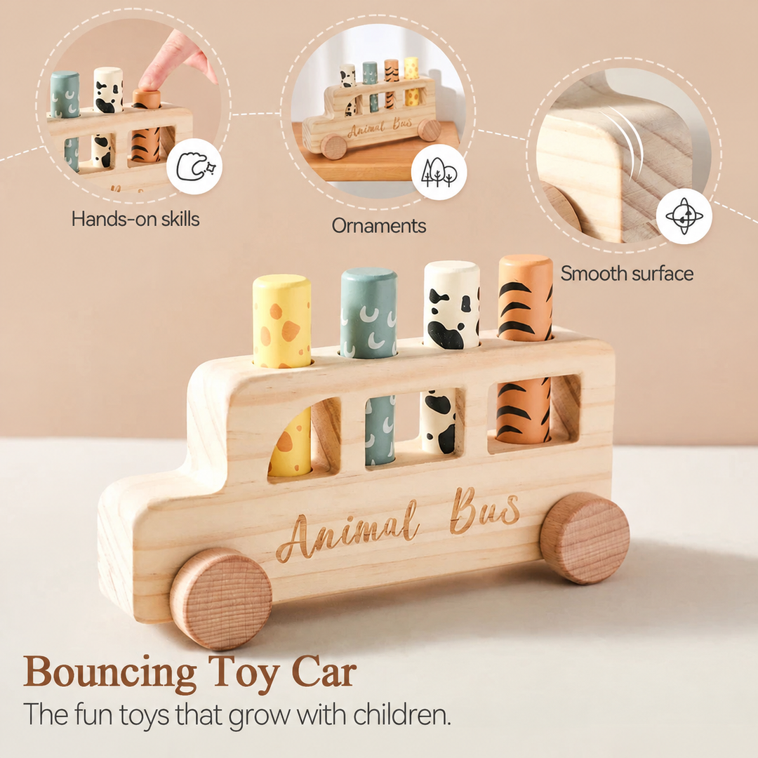 Wooden toy bus with four patterned pegs and inset views of play and surface details