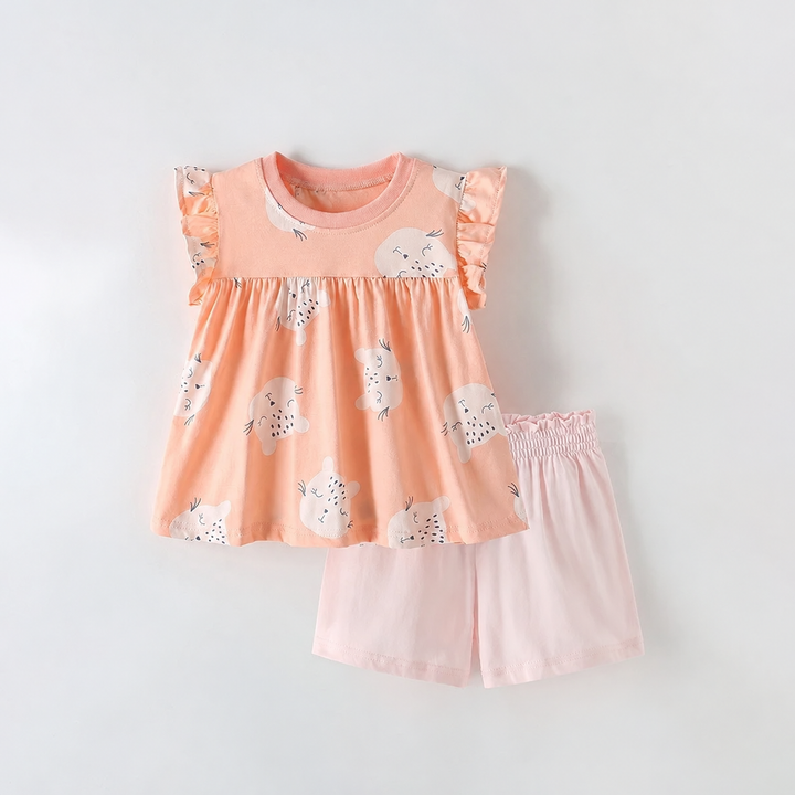 Peach cat-print flutter-sleeve top with light pink shorts