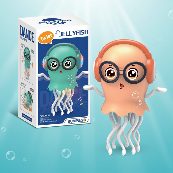 Peach dancing jellyfish toy beside its retail box